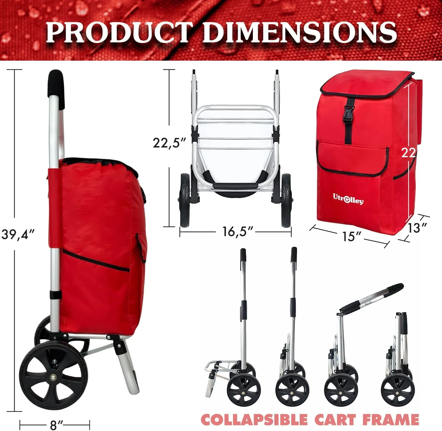 Ultra-Lightweight Foldable Shopping Cart for Groceries - Large 42L Capacity Grocery, Soft Rolling Wheels, Removable Bag, Multi-Use Personal Hand Truck, Red