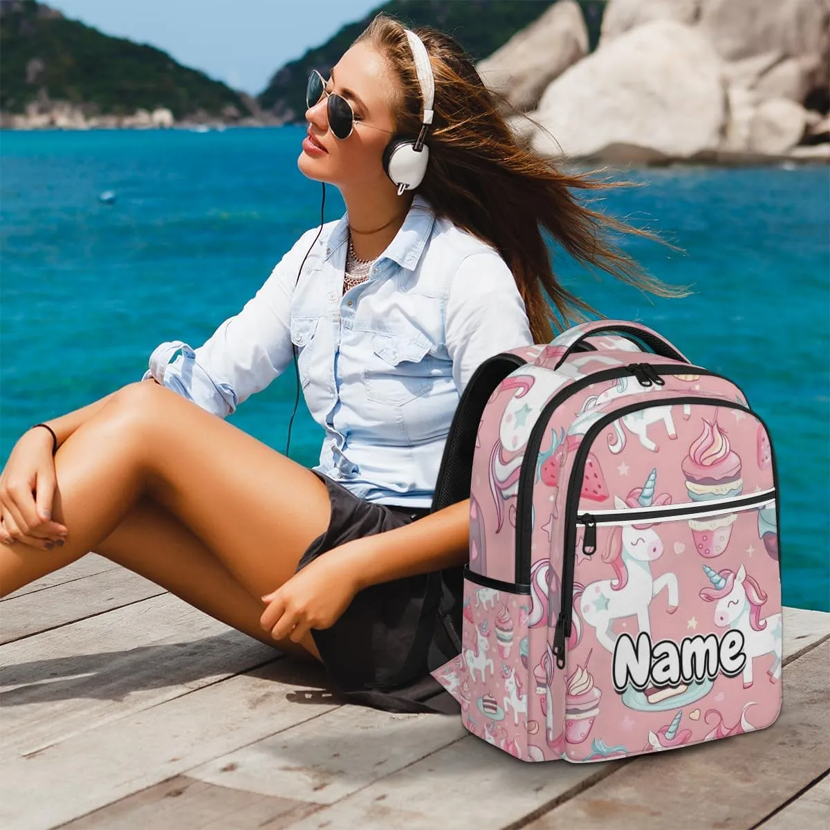 Unicorn Cakes Print Personalized Laptop Backpack with Name Custom Shoulder Bags for Women Men Waterproof Travel Casual Daypack Laptop Bag Gifts 16.1in
