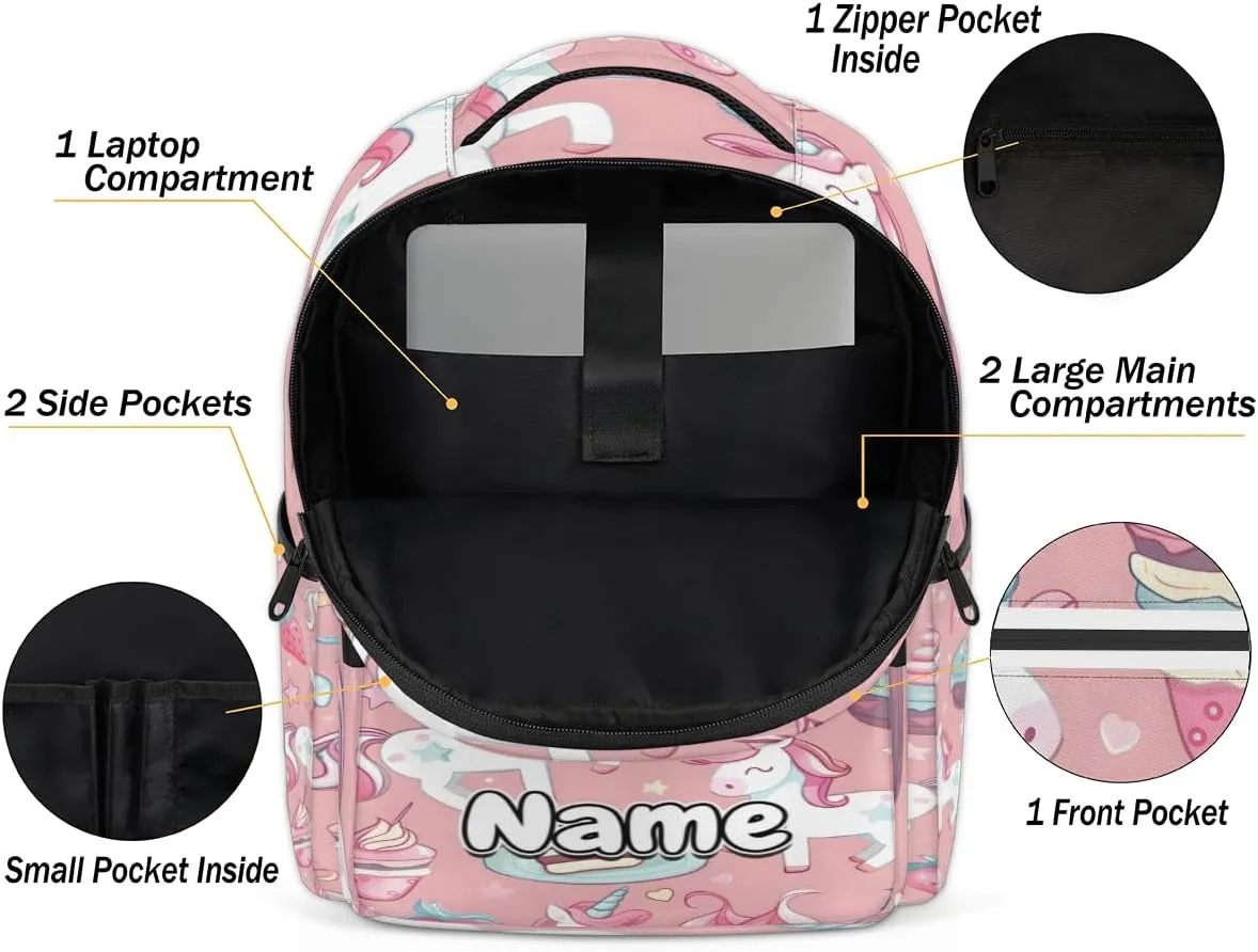Unicorn Cakes Print Personalized Laptop Backpack with Name Custom Shoulder Bags for Women Men Waterproof Travel Casual Daypack Laptop Bag Gifts 16.1in
