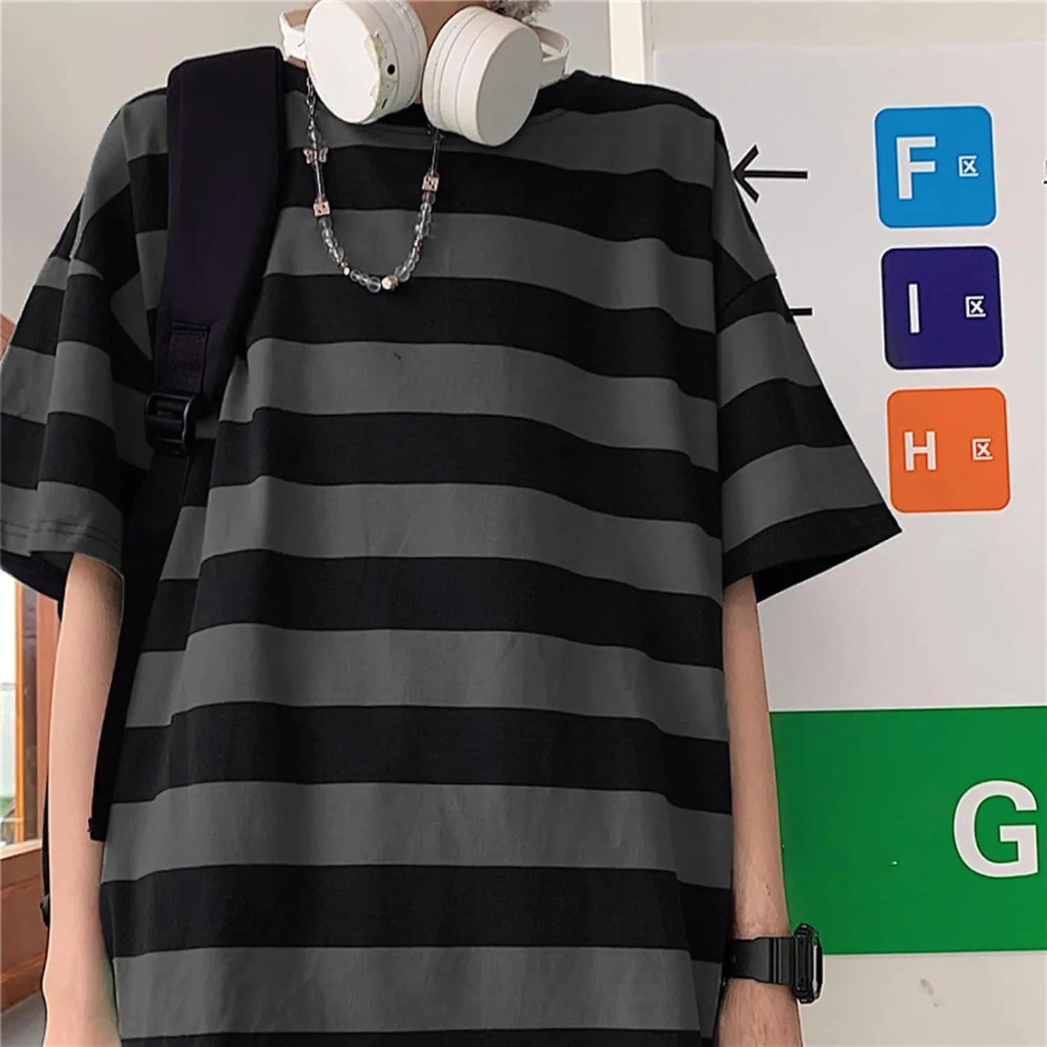 Unisex Oversized Stripe Long Sleeve T Shirts Gothic Harajuku Loose Crew Neck Summer Tee Tops