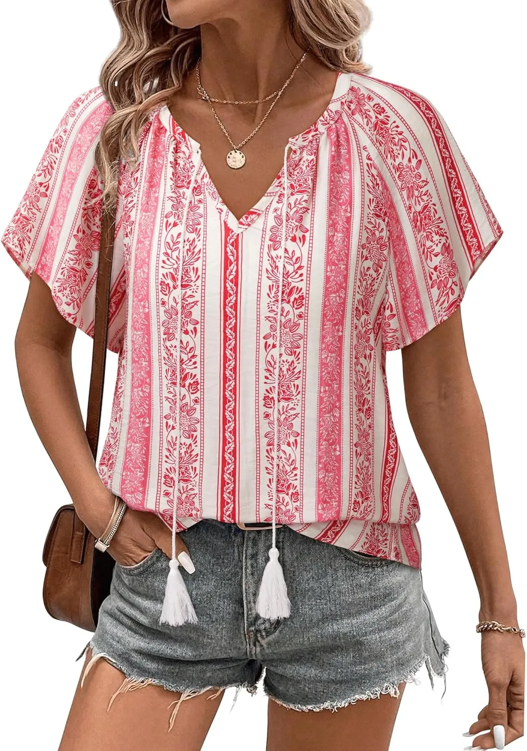 Unixseque Summer Tops for Women Casual Boho Blouses Short Sleeve V Neck Shirts Tie Front 2025 Trendy Beach Vacation Clothes