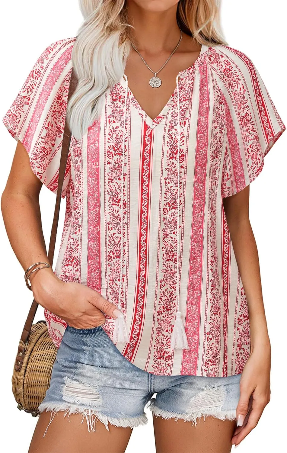 Unixseque Summer Tops for Women Casual Boho Blouses Short Sleeve V Neck Shirts Tie Front 2025 Trendy Beach Vacation Clothes
