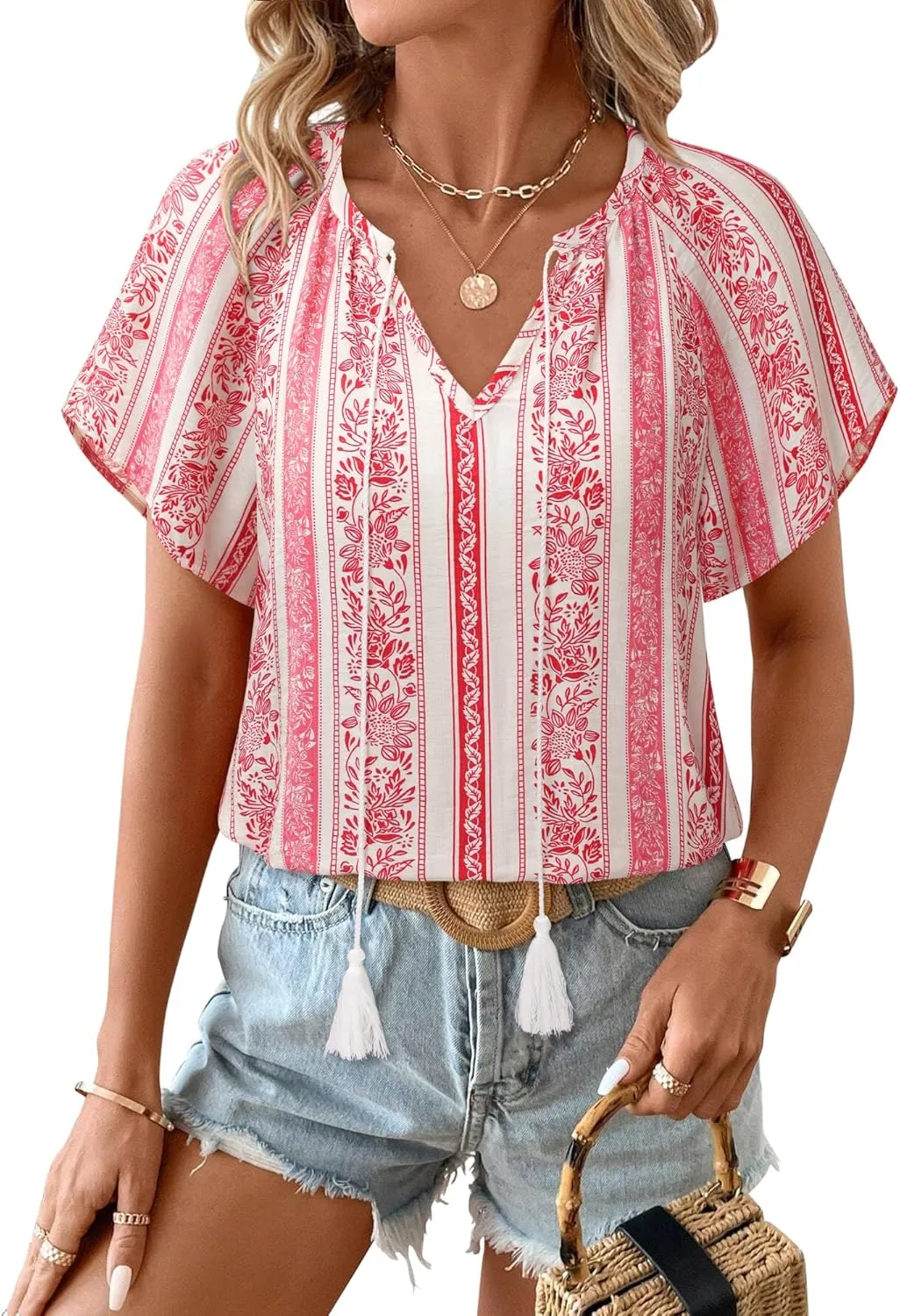 Unixseque Summer Tops for Women Casual Boho Blouses Short Sleeve V Neck Shirts Tie Front 2025 Trendy Beach Vacation Clothes