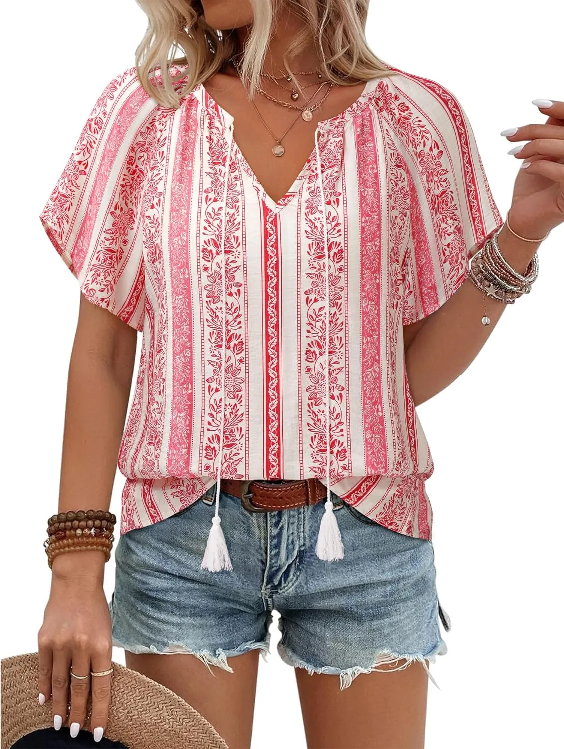 Unixseque Summer Tops for Women Casual Boho Blouses Short Sleeve V Neck Shirts Tie Front 2025 Trendy Beach Vacation Clothes