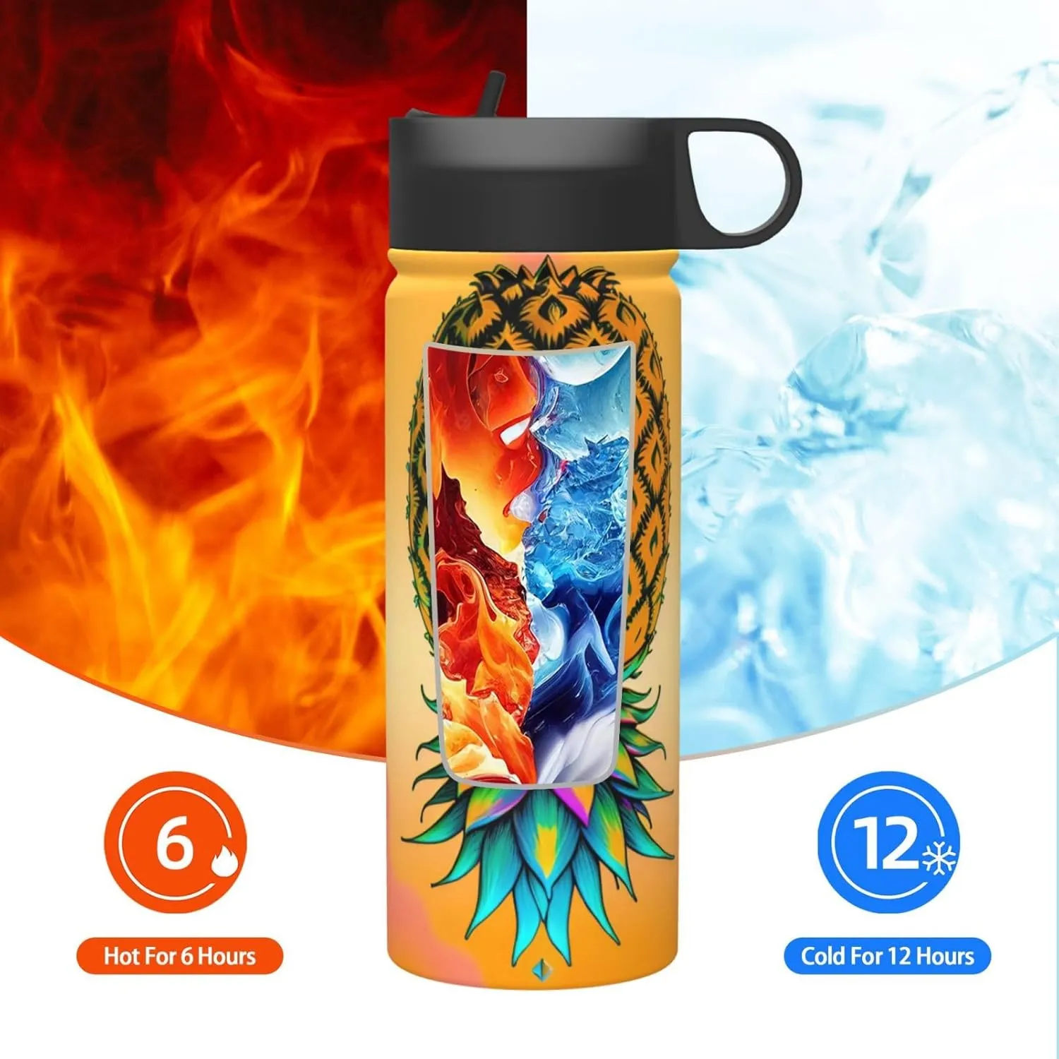 Upside Down Pineapple 18oz Sports Insulated Kettle With Straw, Leak Proof Gym Bottle -Ideal Gift for Fitness Sports & Outdoors