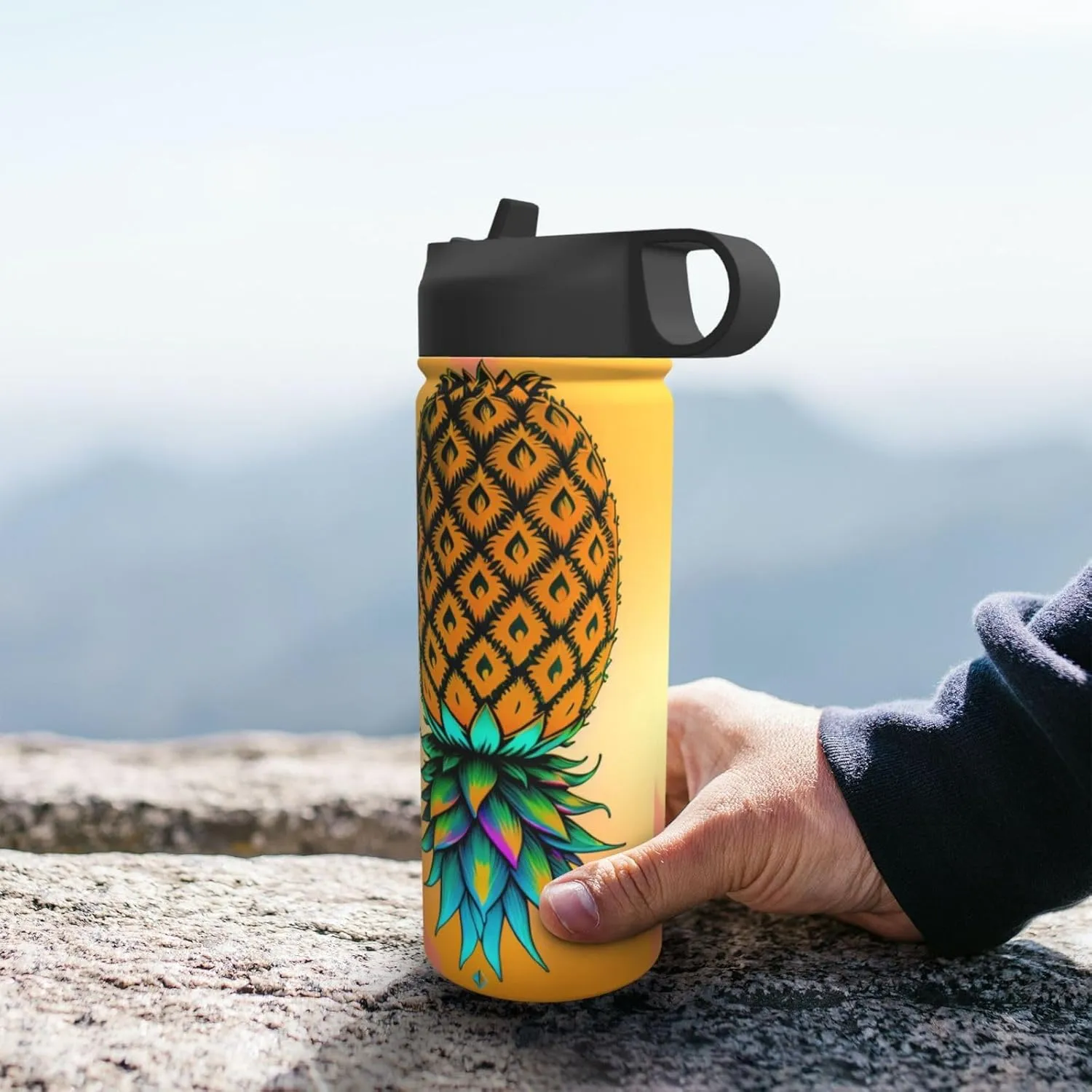 Upside Down Pineapple 18oz Sports Insulated Kettle With Straw, Leak Proof Gym Bottle -Ideal Gift for Fitness Sports & Outdoors