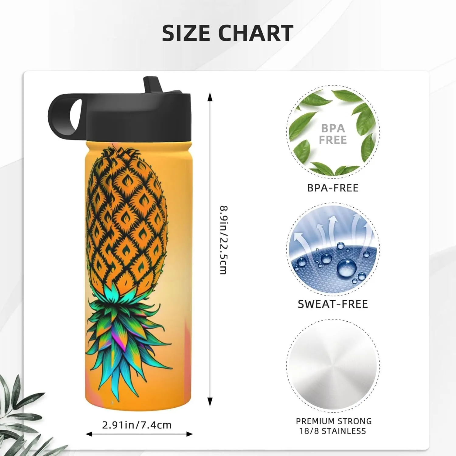 Upside Down Pineapple 18oz Sports Insulated Kettle With Straw, Leak Proof Gym Bottle -Ideal Gift for Fitness Sports & Outdoors
