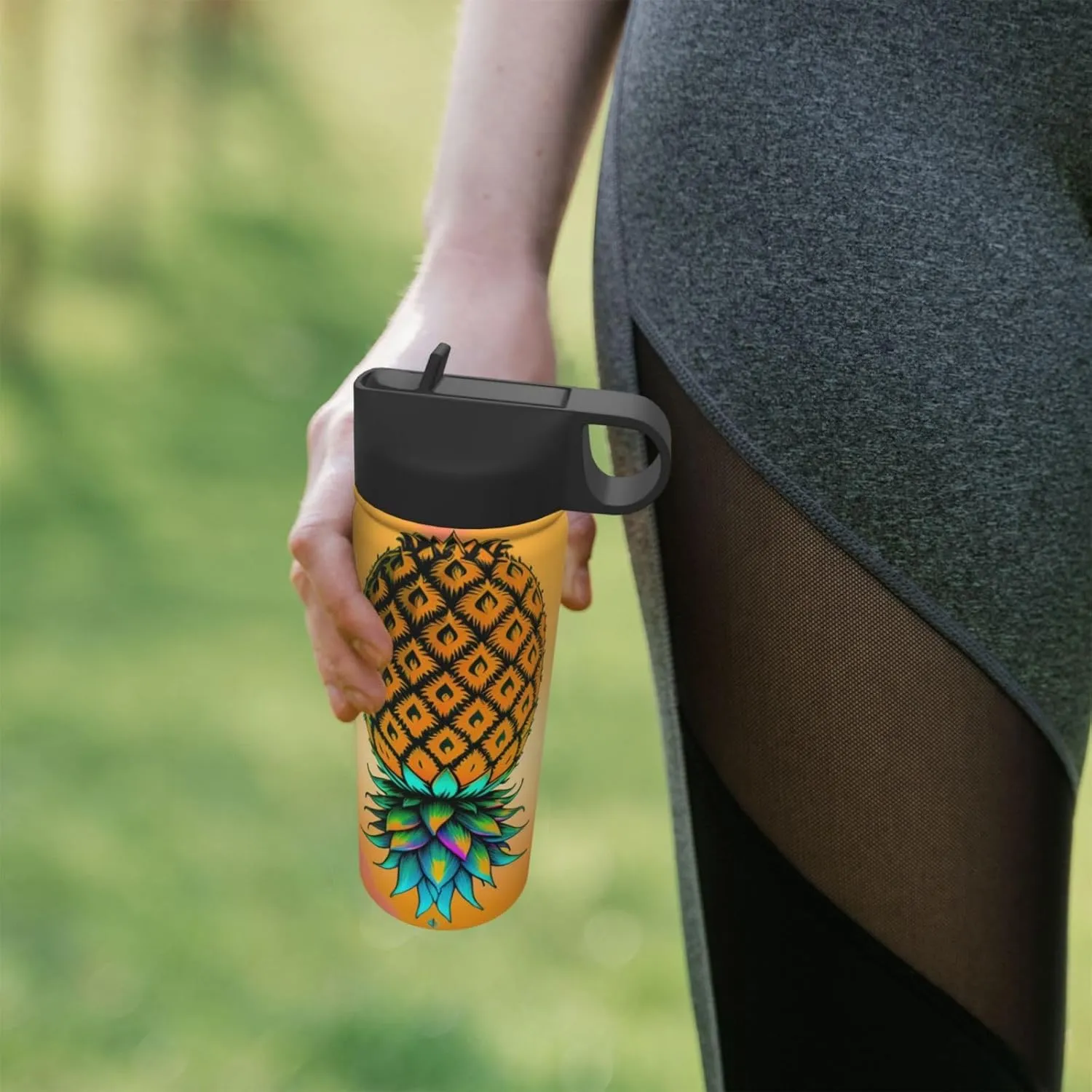 Upside Down Pineapple 18oz Sports Insulated Kettle With Straw, Leak Proof Gym Bottle -Ideal Gift for Fitness Sports & Outdoors