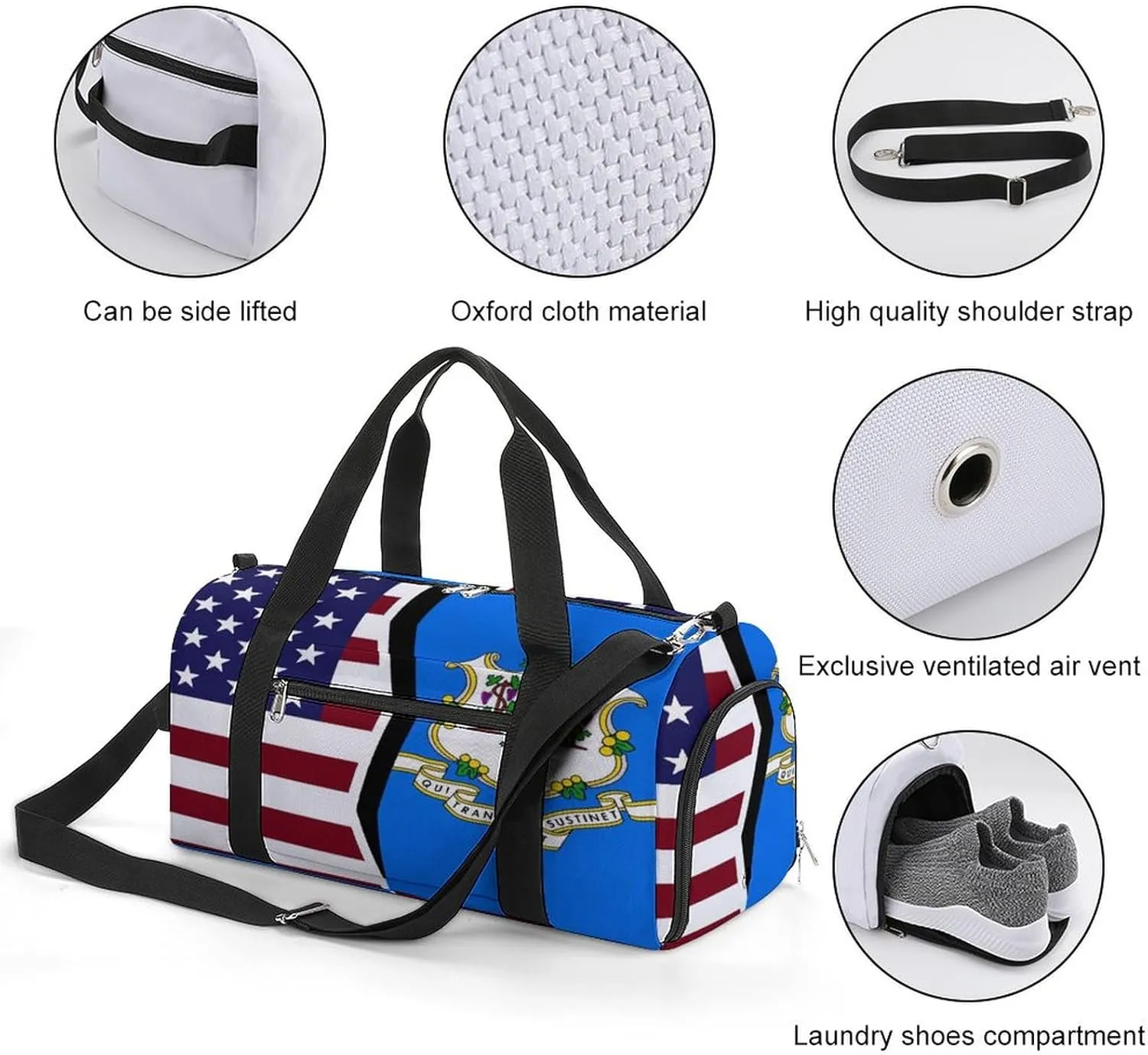 US And Connecticut State Flag Gym Bag-Workout Organizer with Water Resistant Compartments for Gym Lovers