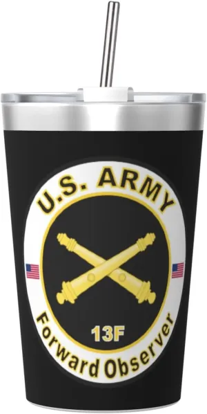 Us Army Mos 13f Forward Observer Insulated Stainless Steel Tumbler 12 Oz Thermos Come With Straw Leak-Proof Travel Mug Cup