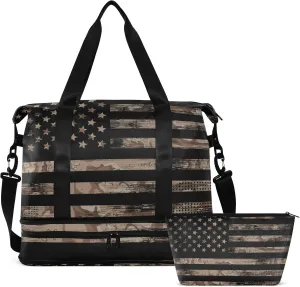 USA Flags Travel Duffel Bag for Women Men Camo Gym Bag with Shoe Compartment Wet Pocket Carry On Weekender Overnight Bags for Traveling Gym Workout