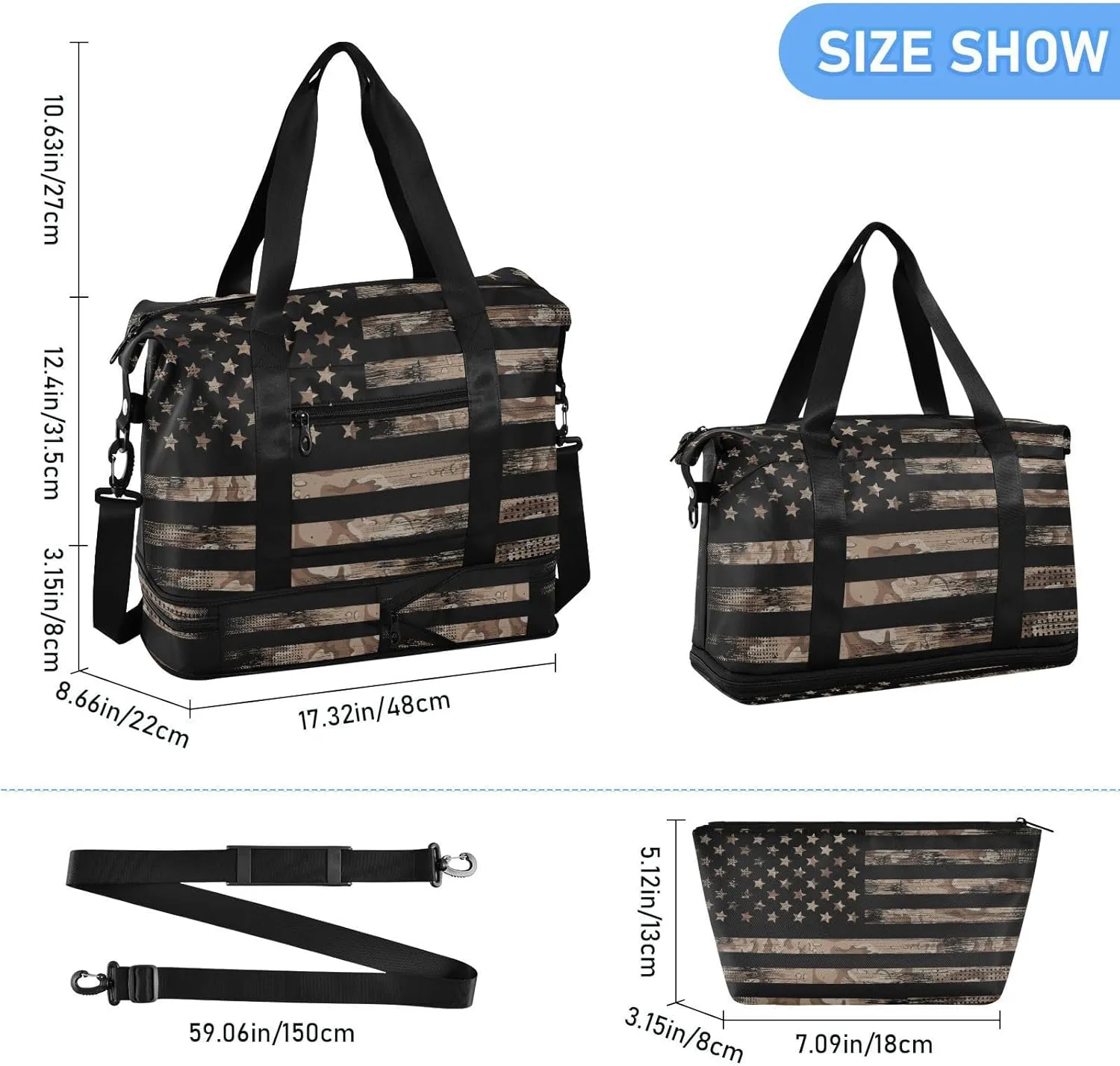 USA Flags Travel Duffel Bag for Women Men Camo Gym Bag with Shoe Compartment Wet Pocket Carry On Weekender Overnight Bags for Traveling Gym Workout
