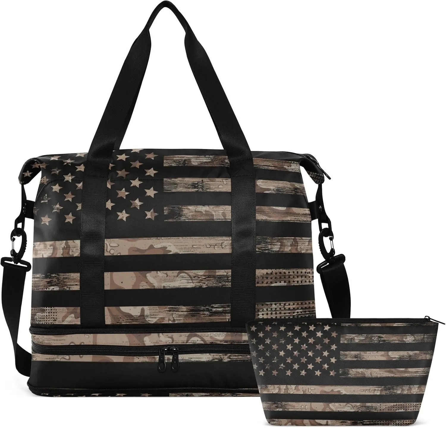 USA Flags Travel Duffel Bag for Women Men Camo Gym Bag with Shoe Compartment Wet Pocket Carry On Weekender Overnight Bags for Traveling Gym Workout