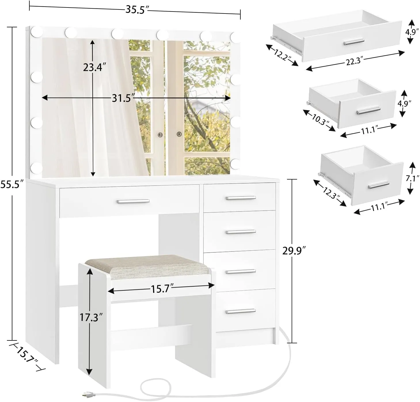 usikey Vanity Desk with Mirror and Lights, Vanity with Charging Station, Makeup Vanity with Large Mirror & 5 Drawers, Dressing Vanity Table with Stool for Bedroom, White