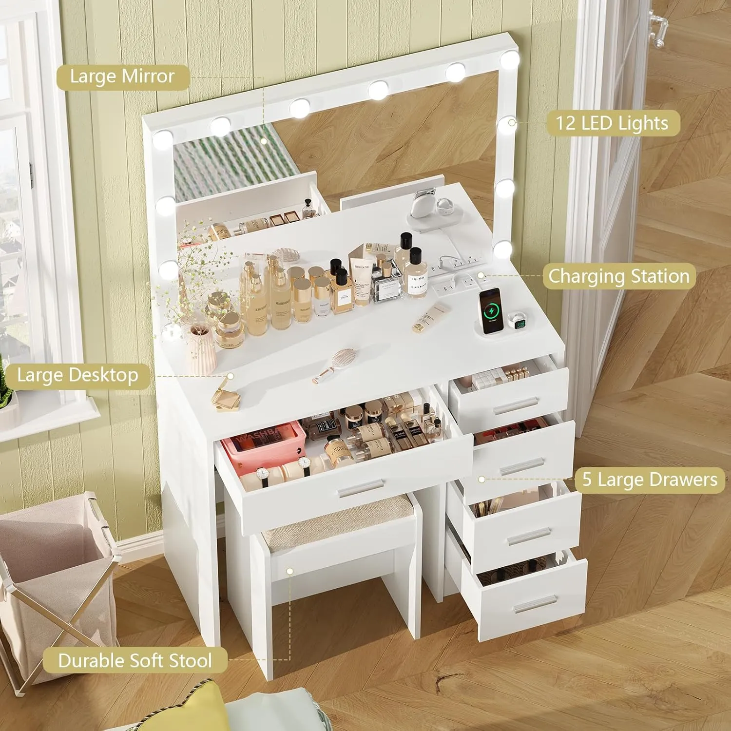 usikey Vanity Desk with Mirror and Lights, Vanity with Charging Station, Makeup Vanity with Large Mirror & 5 Drawers, Dressing Vanity Table with Stool for Bedroom, White