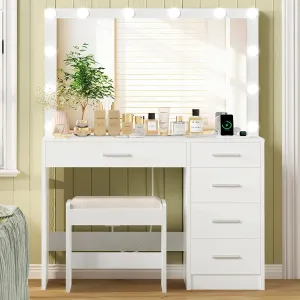 usikey Vanity Desk with Mirror and Lights, Vanity with Charging Station, Makeup Vanity with Large Mirror & 5 Drawers, Dressing Vanity Table with Stool for Bedroom, White