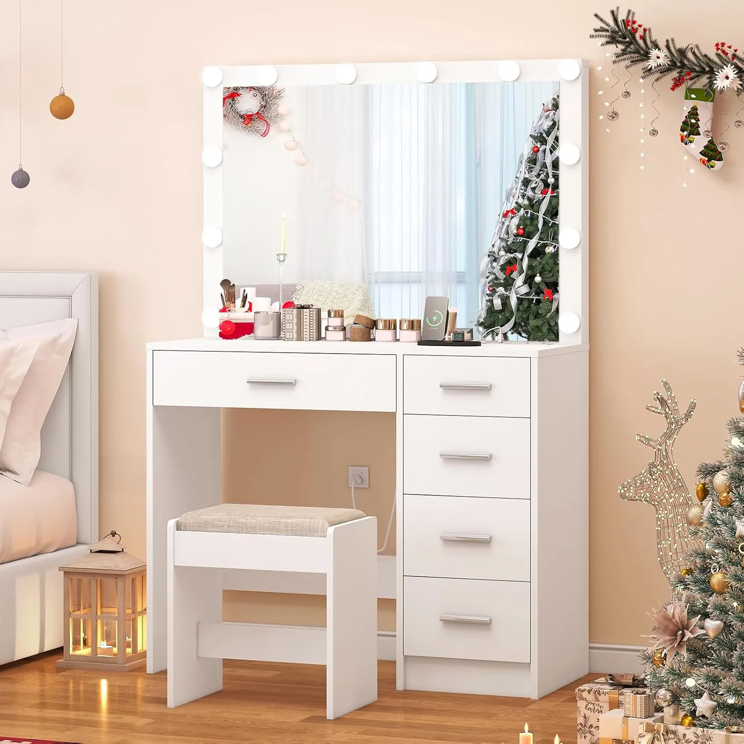 usikey Vanity Desk with Mirror and Lights, Vanity with Charging Station, Makeup Vanity with Large Mirror & 5 Drawers, Dressing Vanity Table with Stool for Bedroom, White