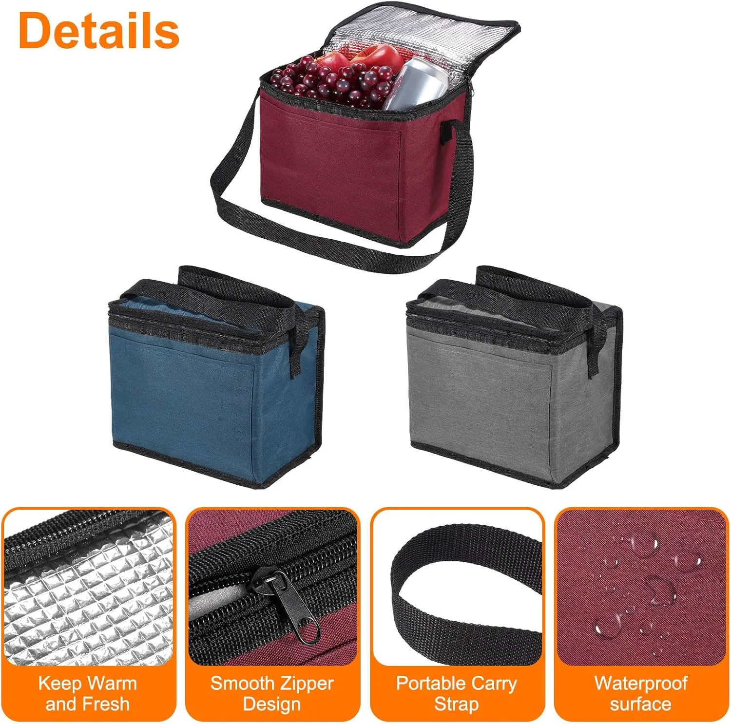 uxcell 2pcs Insulated Reusable Grocery Bags with Zippers, Collapsible Cooler Bags Washable Food Shopping Bags for Hot/Cold Food Groceries Travel Beach (Blue, 9.8"x5.9"x7.9")