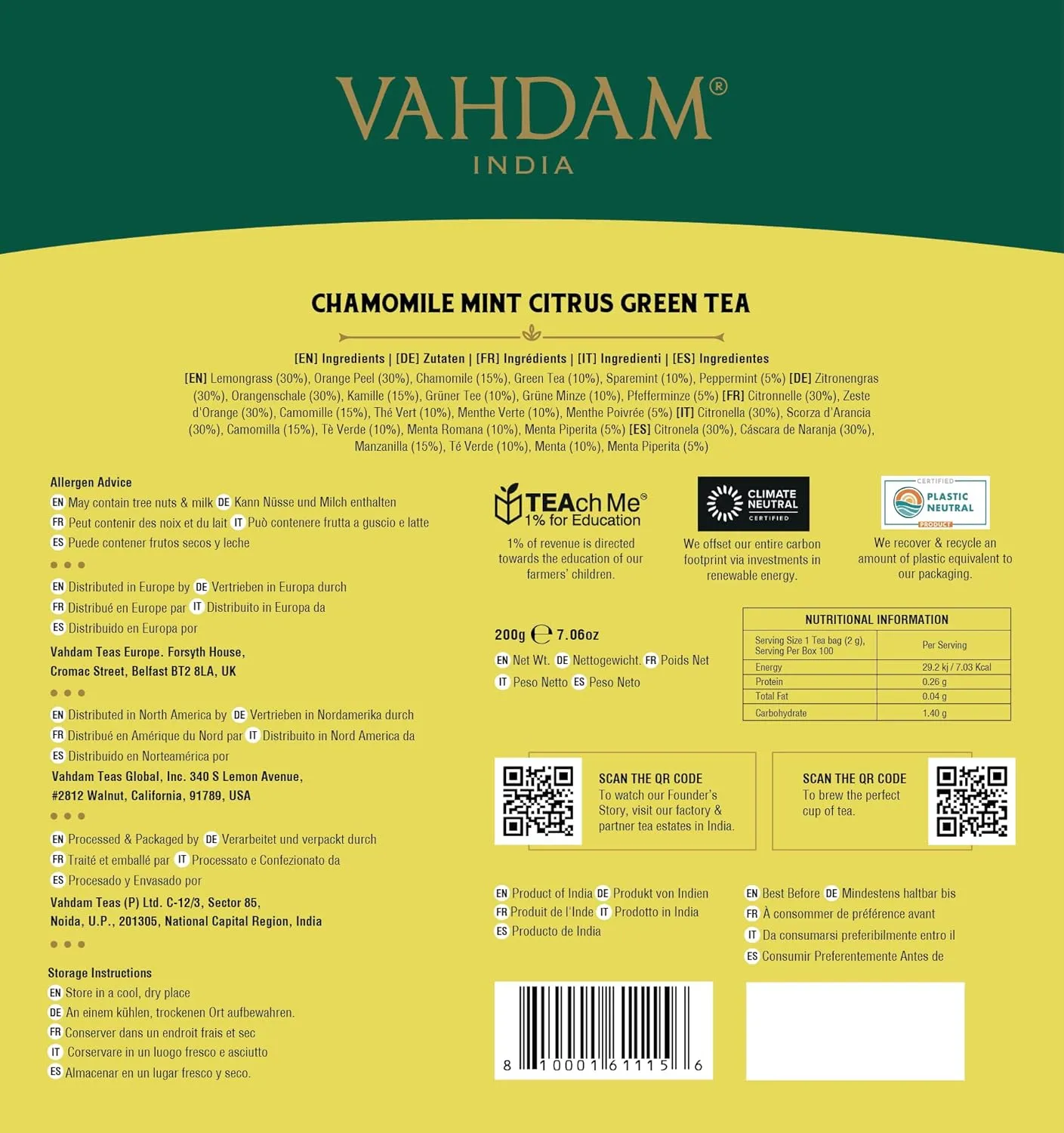 VAHDAM, Chamomile Mint Citrus Green Tea Bags (100 Count) Low Caffeine, Non GMO, Gluten Free | Sweet & Floral | Resealable Ziplock Pouch | Chamomile Tea Bags