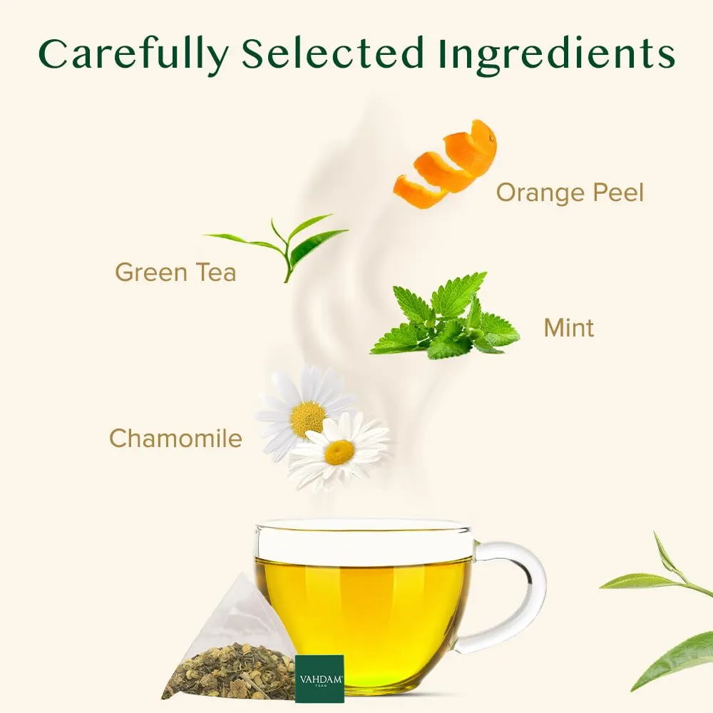 VAHDAM, Chamomile Mint Citrus Green Tea Bags (100 Count) Low Caffeine, Non GMO, Gluten Free | Sweet & Floral | Resealable Ziplock Pouch | Chamomile Tea Bags