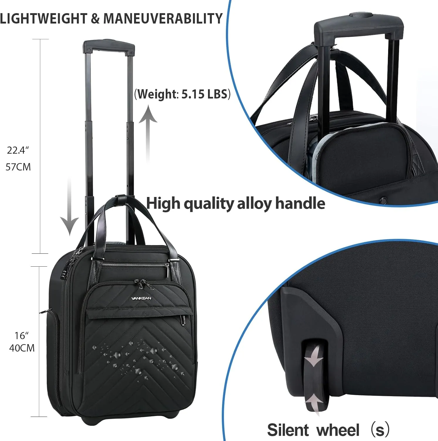 VANKEAN Carry On Underseat 16-inch Multi-functional Underseater Lightweight Overnight Suitcase with Wheels Roller Case for Women Men Travel Business, Black