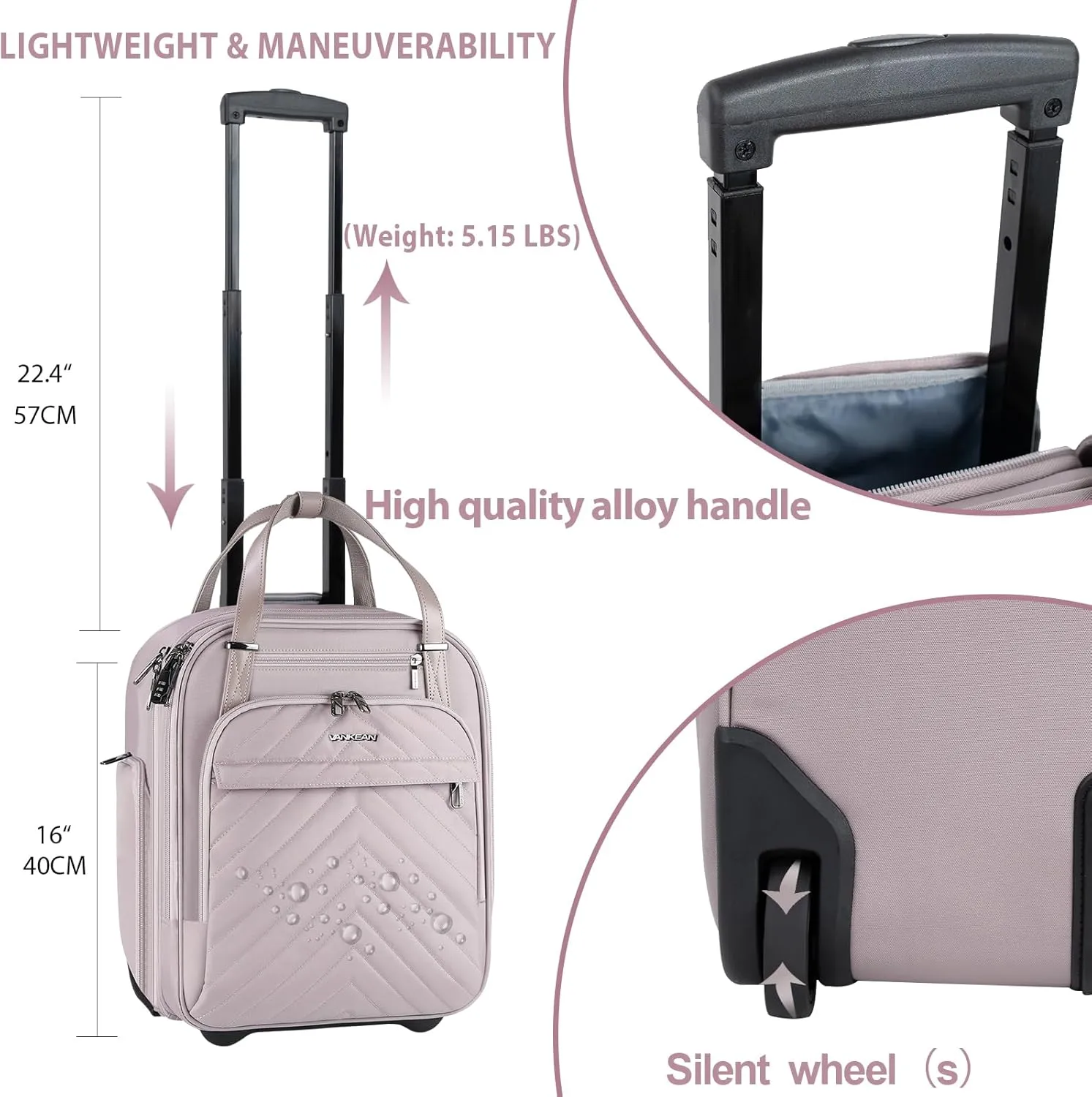 VANKEAN Carry On Underseat 16-inch Multi-functional Underseater Lightweight Overnight Suitcase with Wheels, Roller Case for Women Travel Business, Light Dusty Pink