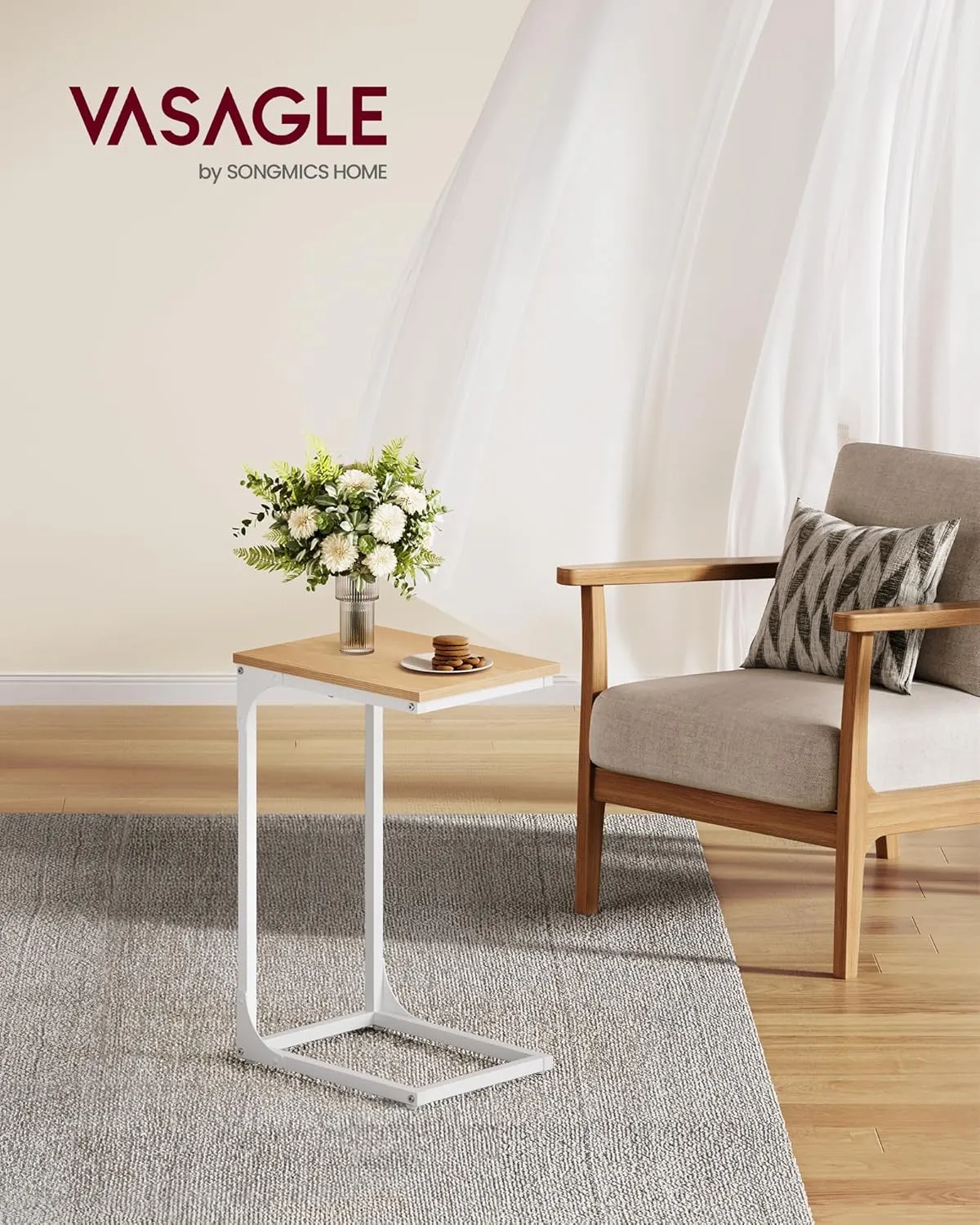VASAGLE C-Shaped End Table, Small Side Table for Couch, Sofa Table with Metal Frame for Living Room, Bedroom, Bedside, Almond Yellow and Cloud White