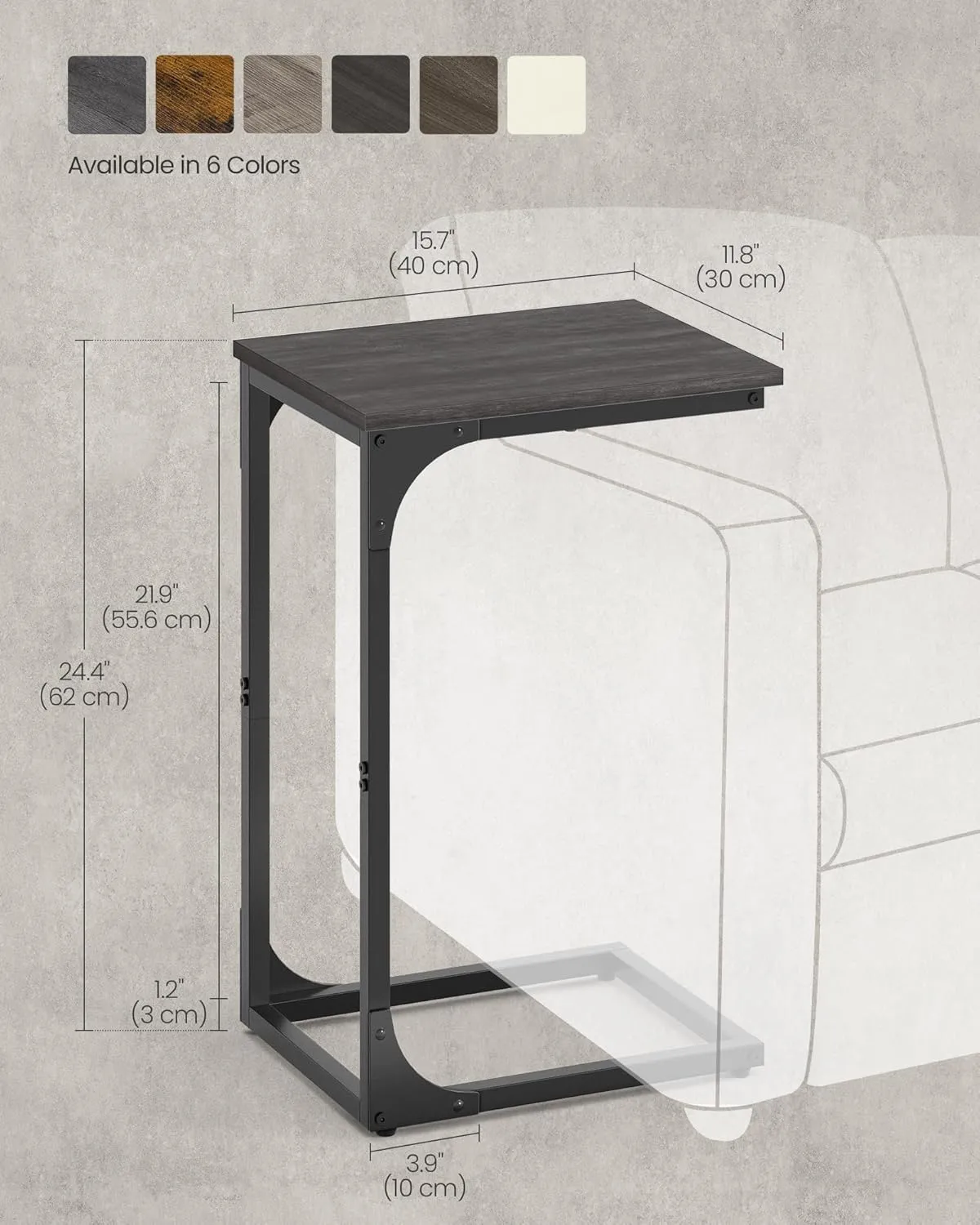VASAGLE C-Shaped End Table, Small Side Table for Couch, Sofa Table with Metal Frame for Living Room, Bedroom, Bedside, Misty Gray and Black