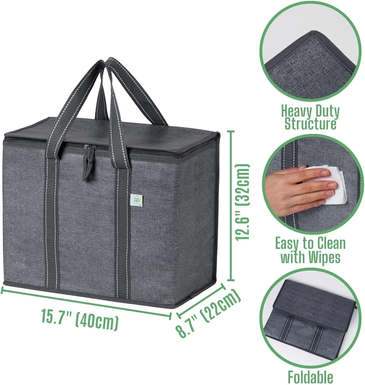 VENO 2 Pack Cooler Bag and Insulated Grocery Bags for Food Delivery, Collapsible Cooler. Reusable Shopping Bags for Groceries with Hard Bottom, Zippered Top, Foldable, Heavy-Duty (Gray, 2 Pack)