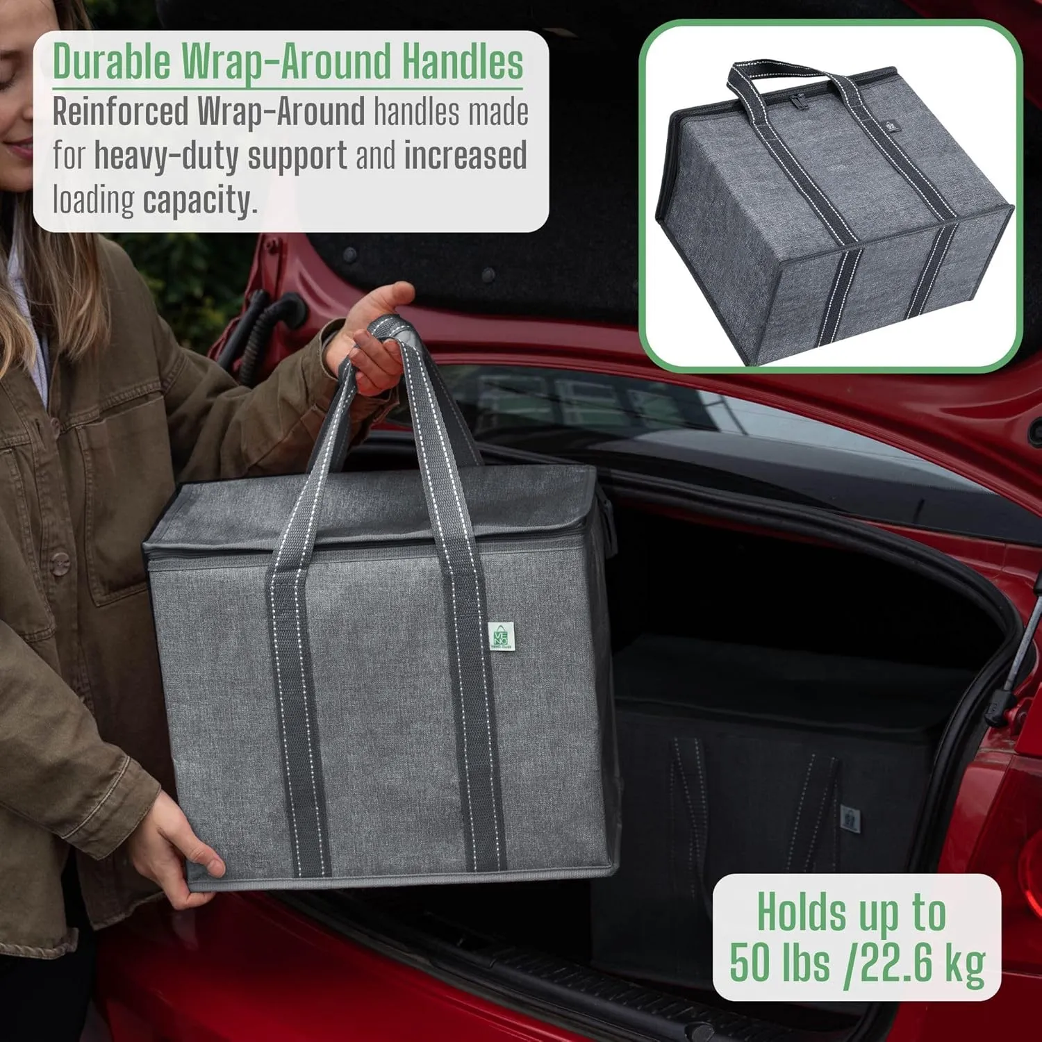 VENO 2 Pack Cooler Bag and Insulated Grocery Bags for Food Delivery, Collapsible Cooler. Reusable Shopping Bags for Groceries with Hard Bottom, Zippered Top, Foldable, Heavy-Duty (Gray, 2 Pack)