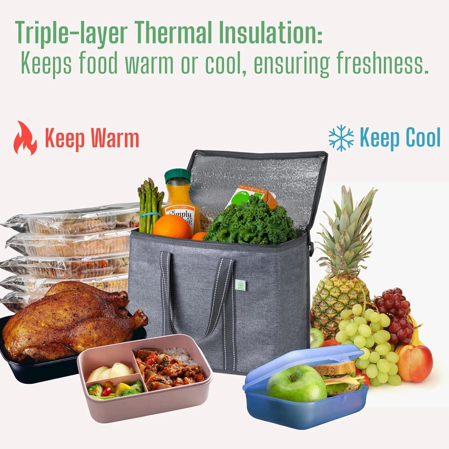 VENO 2 Pack Cooler Bag and Insulated Grocery Bags for Food Delivery, Collapsible Cooler. Reusable Shopping Bags for Groceries with Hard Bottom, Zippered Top, Foldable, Heavy-Duty (Gray, 2 Pack)