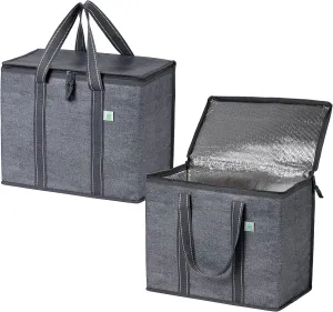VENO 2 Pack Cooler Bag and Insulated Grocery Bags for Food Delivery, Collapsible Cooler. Reusable Shopping Bags for Groceries with Hard Bottom, Zippered Top, Foldable, Heavy-Duty (Gray, 2 Pack)