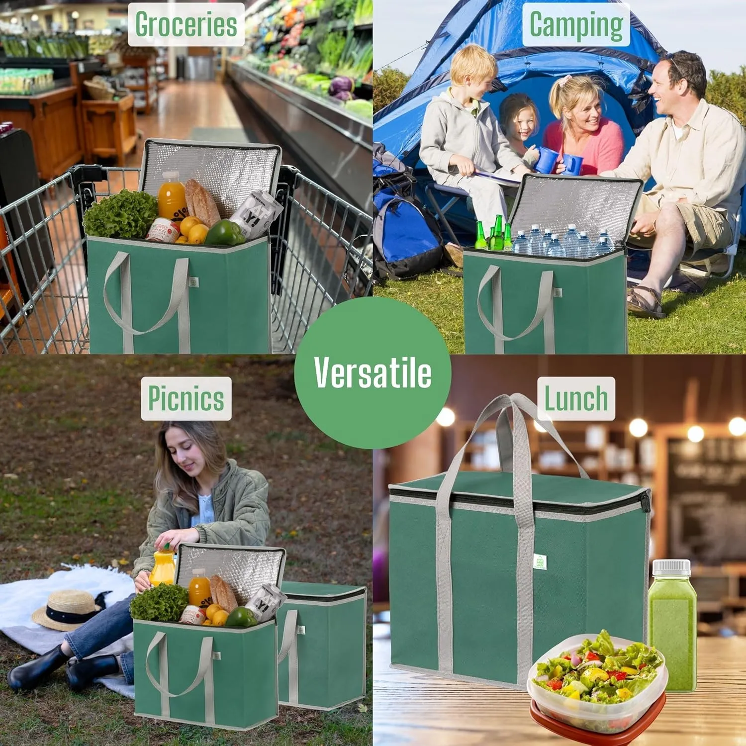 VENO 2 Pack Cooler Bag and Insulated Grocery Bags for Food Delivery, Collapsible Cooler, Reusable Shopping Bags for Groceries with Zipper, Foldable, Heavy-Duty, Stands Upright (Green, 2 Pack)