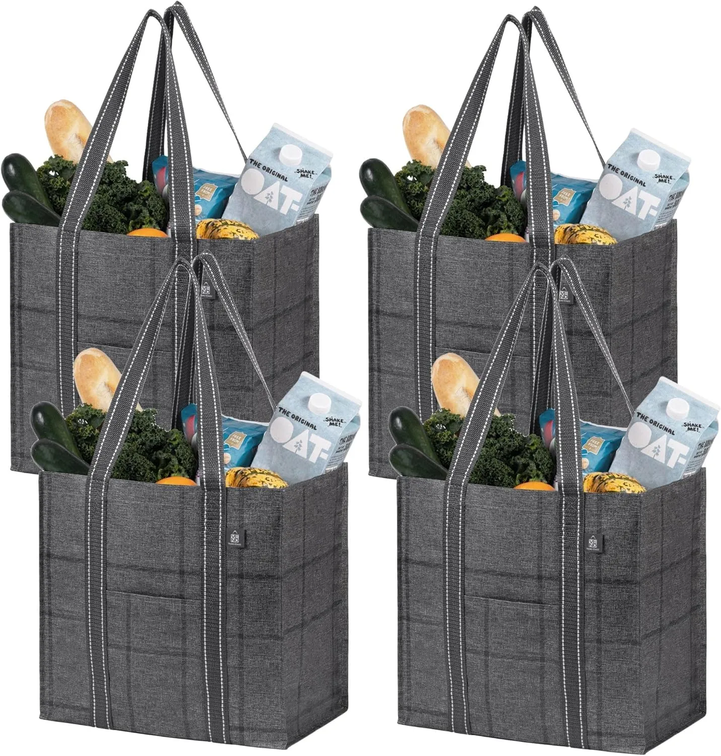 VENO 4 Pack Reusable Grocery Bags, Heavy-Duty Shopping Bags with Handles, Bags for Shopping Cart with Hard Bottom to Stand Upright, Foldable, Multi-Purpose(Windowpane, 4 Pack)