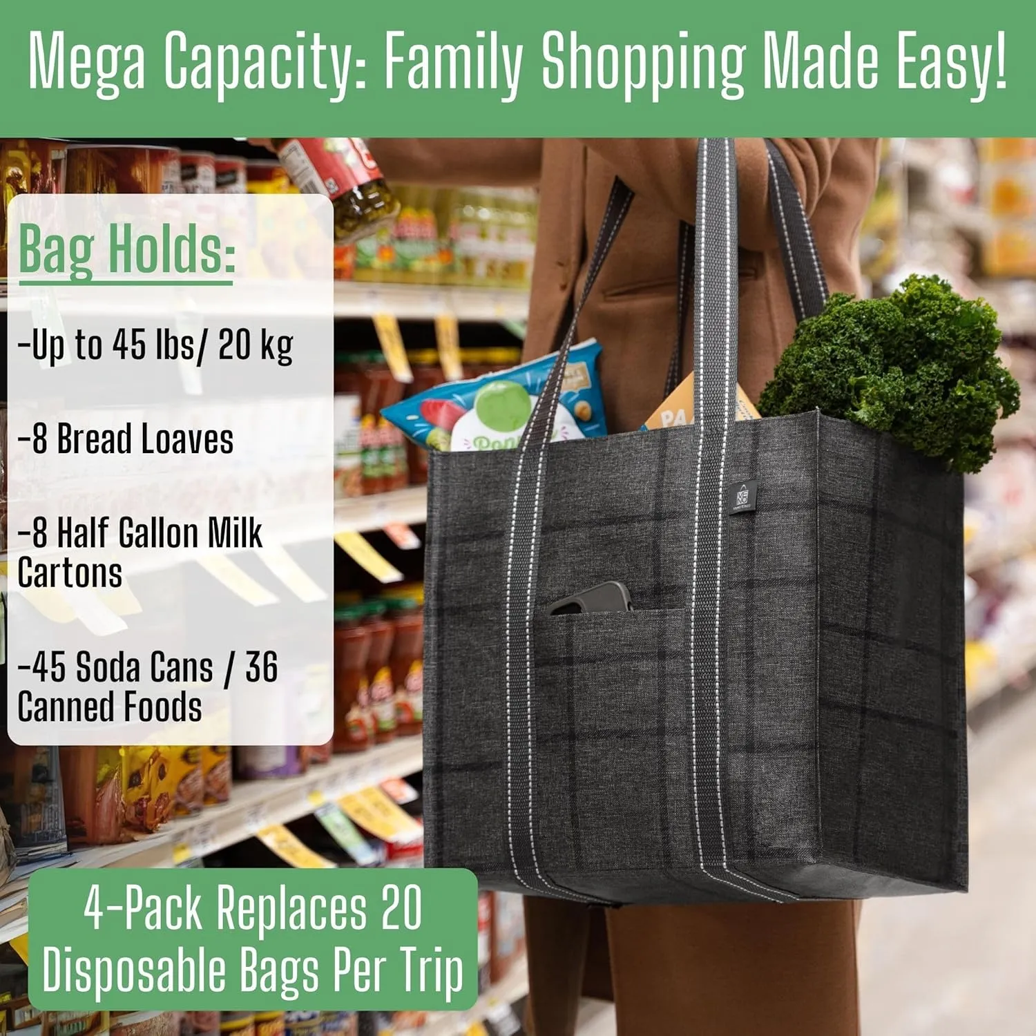 VENO 4 Pack Reusable Grocery Bags, Heavy-Duty Shopping Bags with Handles, Bags for Shopping Cart with Hard Bottom to Stand Upright, Foldable, Multi-Purpose(Windowpane, 4 Pack)