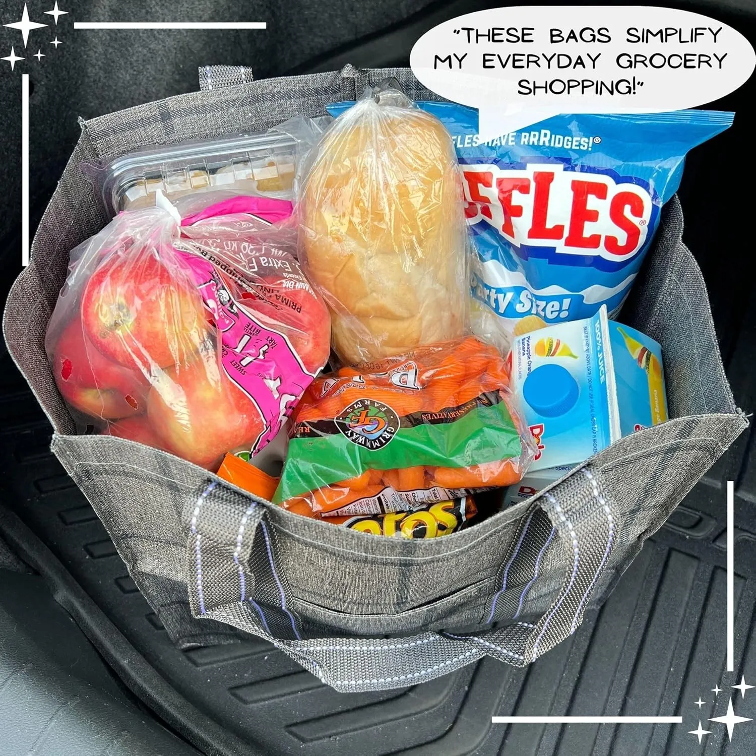 VENO 4 Pack Reusable Grocery Bags, Heavy-Duty Shopping Bags with Handles, Bags for Shopping Cart with Hard Bottom to Stand Upright, Foldable, Multi-Purpose(Windowpane, 4 Pack)