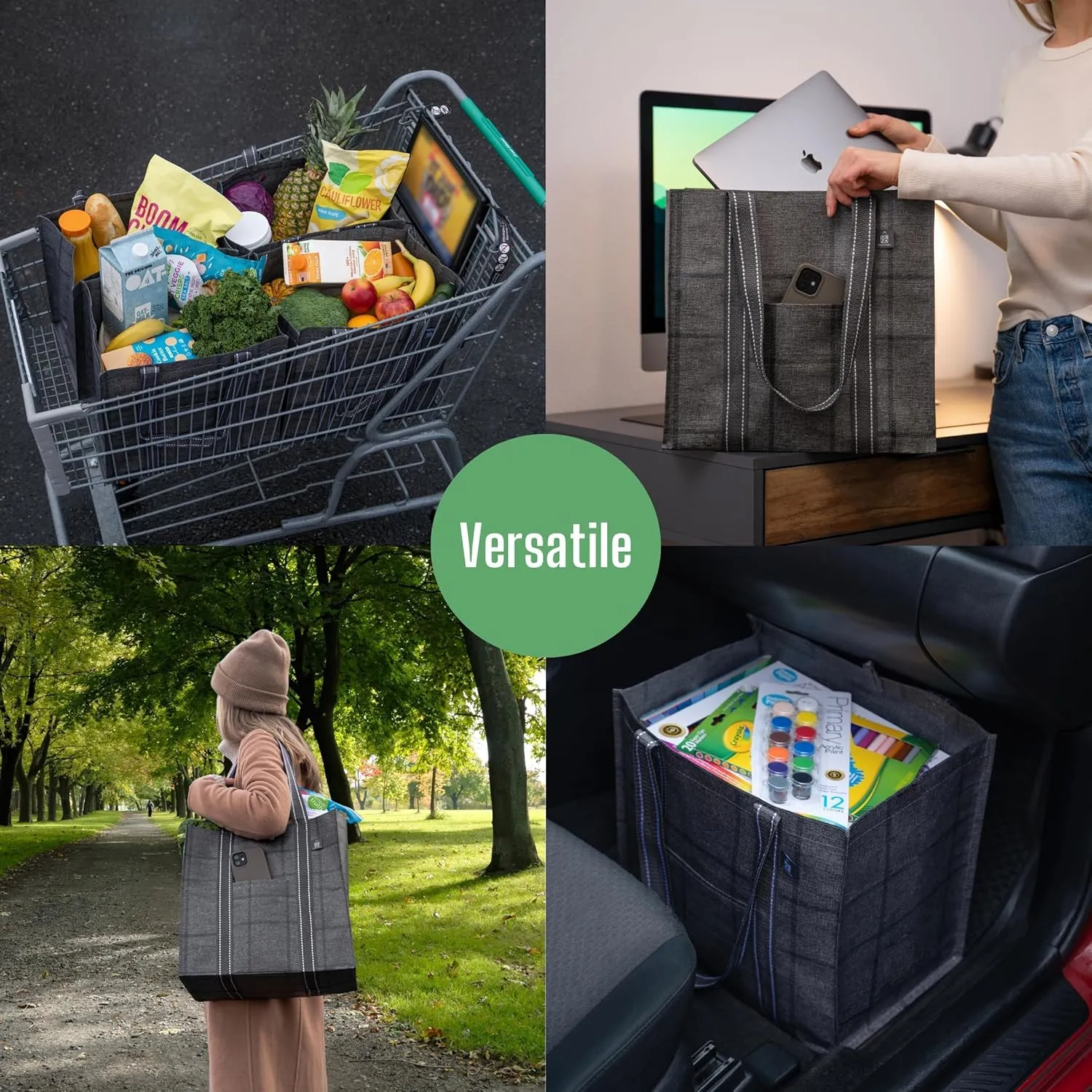 VENO 4 Pack Reusable Grocery Bags, Heavy-Duty Shopping Bags with Handles, Bags for Shopping Cart with Hard Bottom to Stand Upright, Foldable, Multi-Purpose(Windowpane, 4 Pack)
