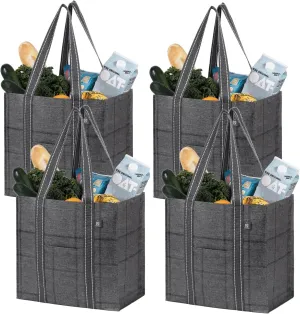 VENO 4 Pack Reusable Grocery Bags, Heavy-Duty Shopping Bags with Handles, Bags for Shopping Cart with Hard Bottom to Stand Upright, Foldable, Multi-Purpose(Windowpane, 4 Pack)