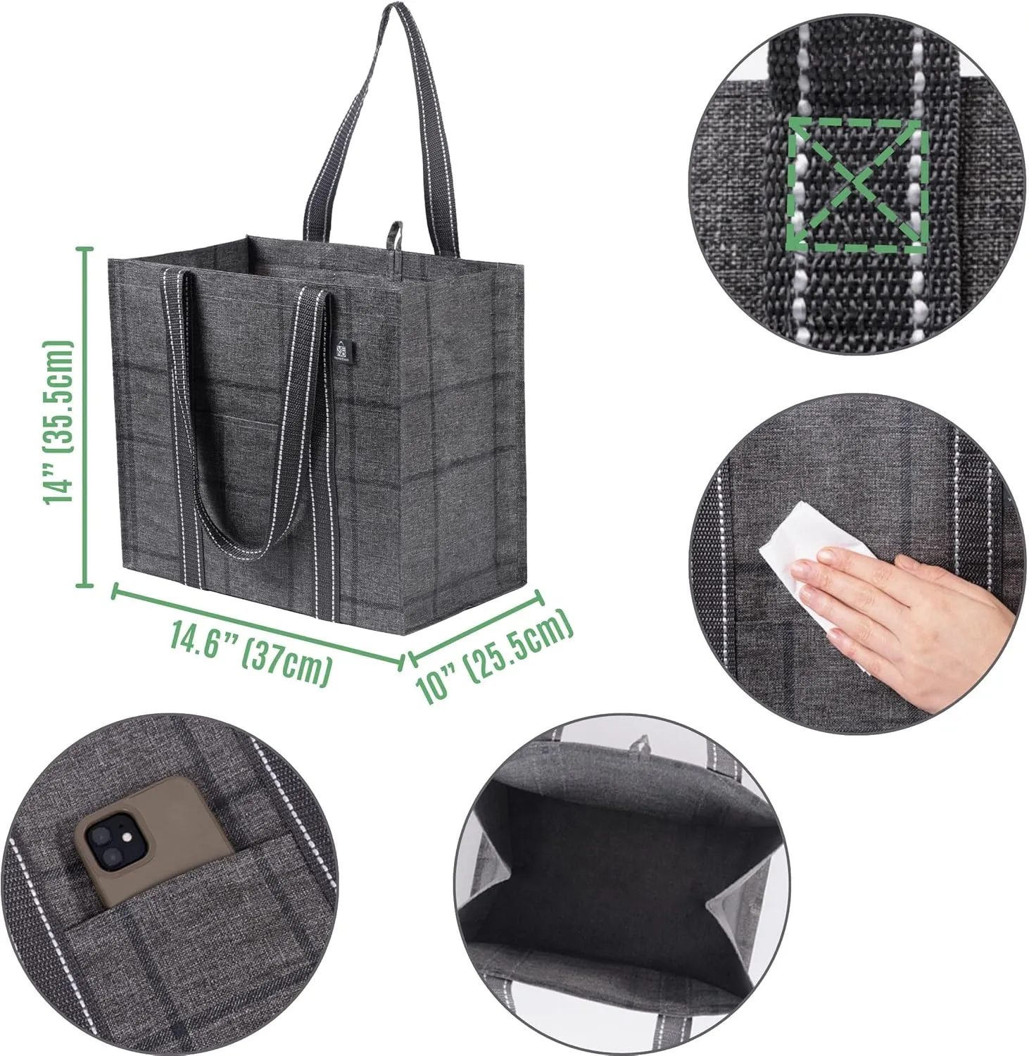 VENO 4 Pack Reusable Grocery Bags, Heavy-Duty Shopping Bags with Handles, Bags for Shopping Cart with Hard Bottom to Stand Upright, Foldable, Multi-Purpose(Windowpane, 4 Pack)