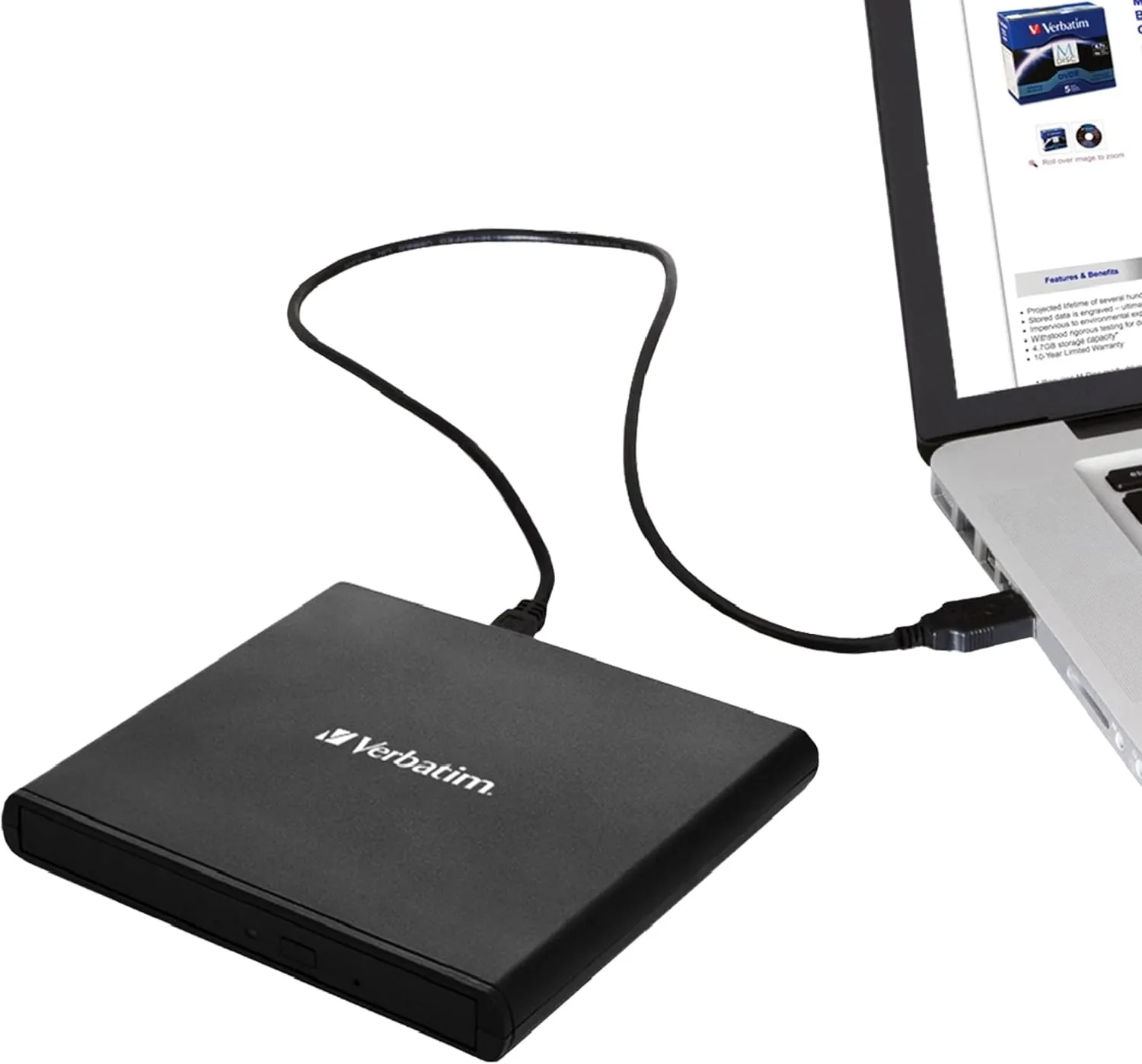 Verbatim 98938 Portable External CD Drive, USB 2.0 Portable CD/DVD  /-RW Drive Slim DVD/CD ROM Rewriter Burner for Laptop Desktop PC Windows 8/10/11 Apple MacOS 10.6 or Higher, USB Powered - Black