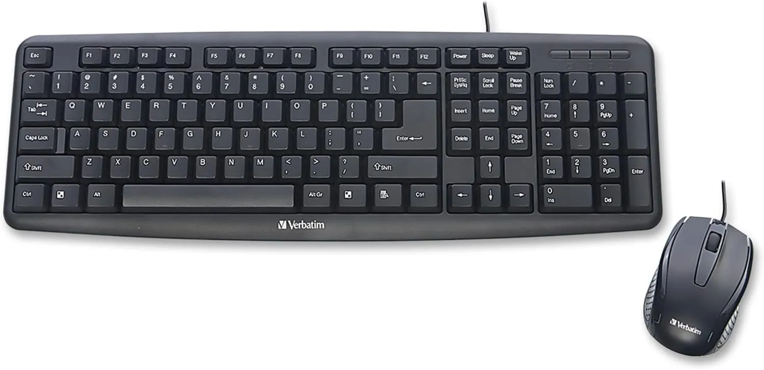 Verbatim Slimline Wired Keyboard and Mouse Combo USB Plug-and-Play Numeric Keypad Adjustable Tilt Legs Optical Corded Mouse Full-Size Computer Keyboard Compatible with PC, Laptop - FFP Packaging Black