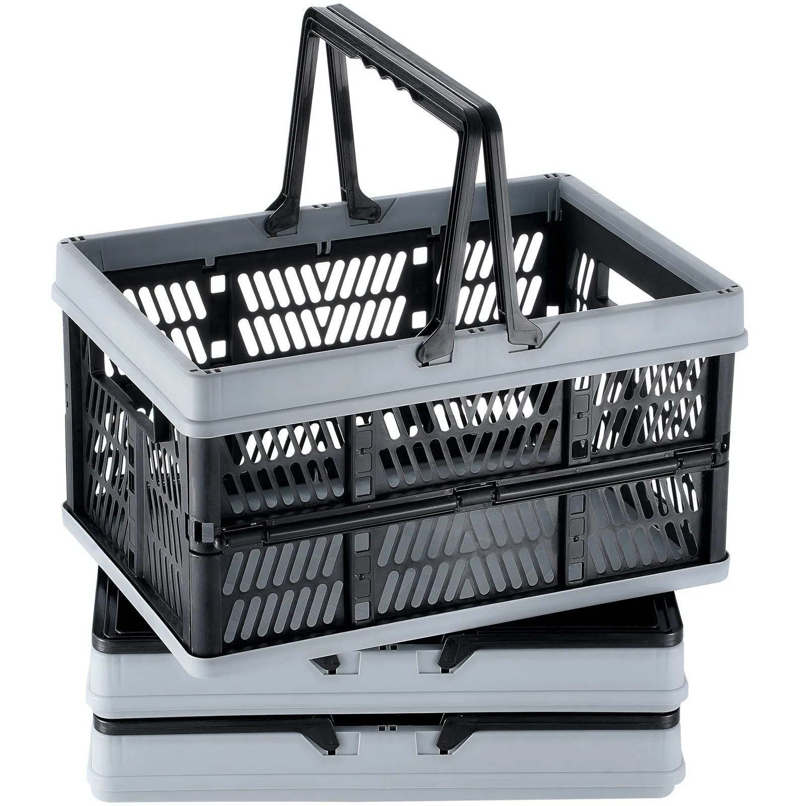 VEVOR Collapsible Shopping Basket, 3 Pack, 25L Plastic Foldable Storage Crate with Handle, Grocery Fruit Vegetable Shopping Basket Folding Storage Container for Supermarket Retail Shopping, Black