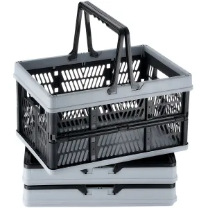 VEVOR Collapsible Shopping Basket, 3 Pack, 25L Plastic Foldable Storage Crate with Handle, Grocery Fruit Vegetable Shopping Basket Folding Storage Container for Supermarket Retail Shopping, Black