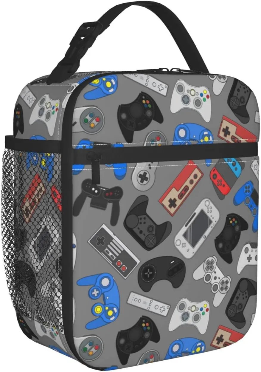 Video Game Controller Grey Background Lunch Bag Insulated Portable Reusable Lunch Box With Zipper For Women Men Picnic Beach