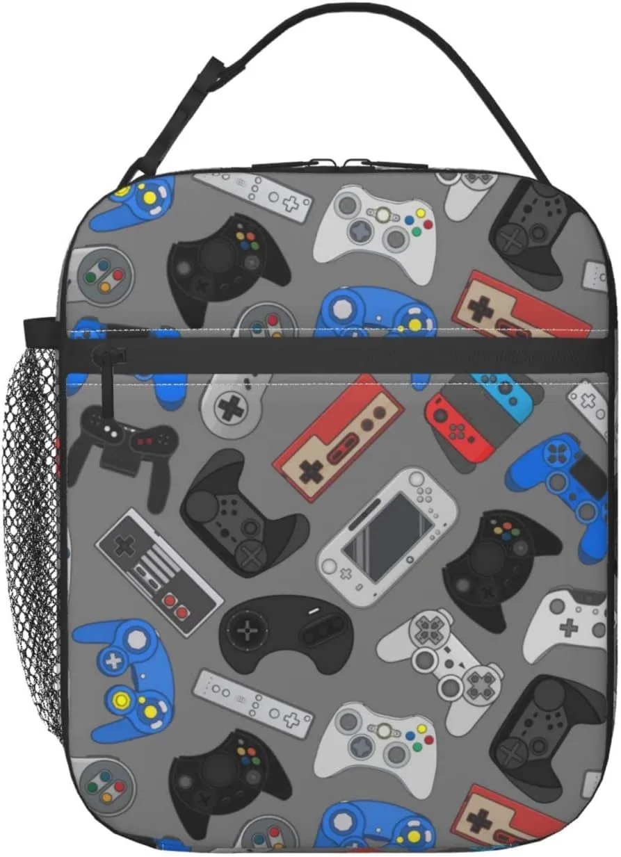 Video Game Controller Grey Background Lunch Bag Insulated Portable Reusable Lunch Box With Zipper For Women Men Picnic Beach