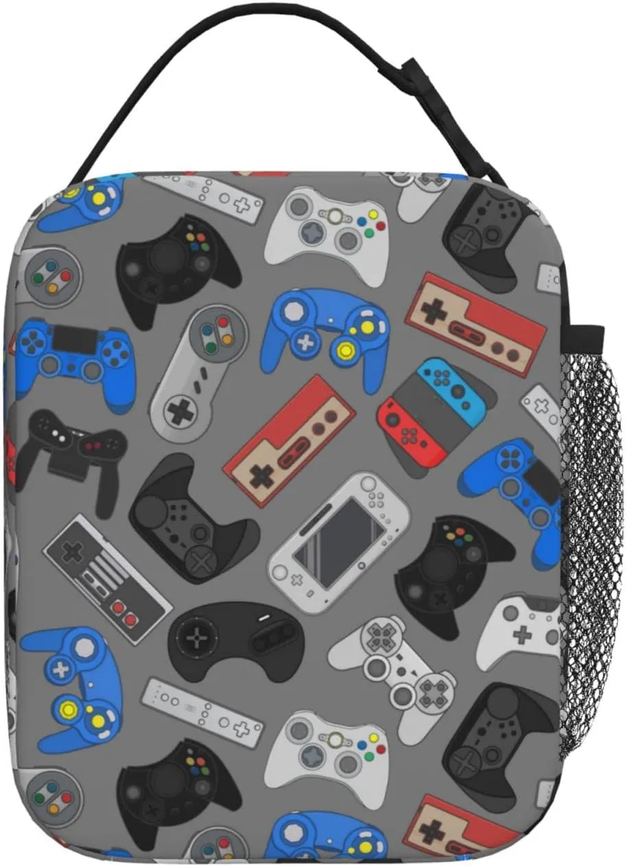Video Game Controller Grey Background Lunch Bag Insulated Portable Reusable Lunch Box With Zipper For Women Men Picnic Beach