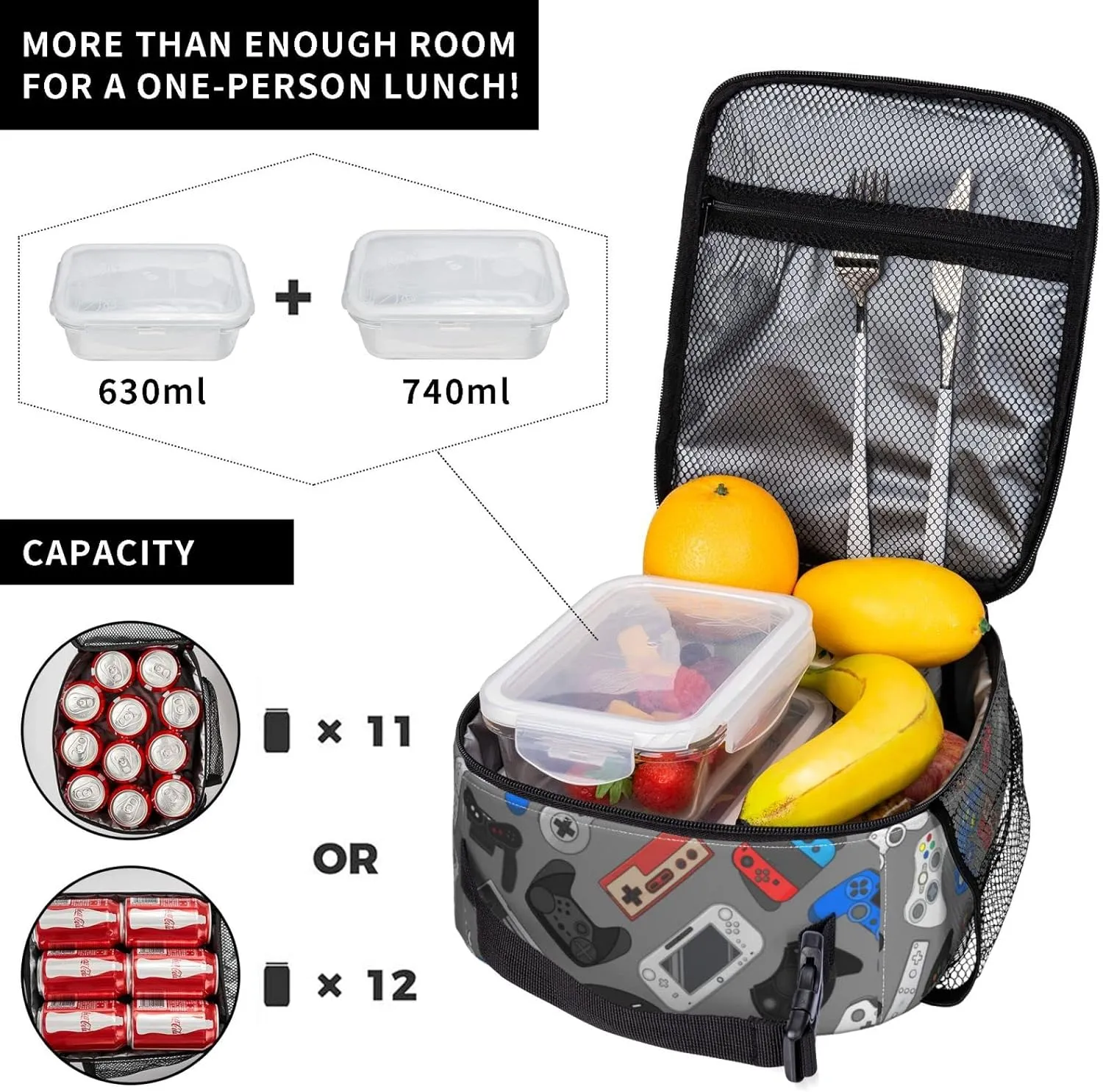 Video Game Controller Grey Background Lunch Bag Insulated Portable Reusable Lunch Box With Zipper For Women Men Picnic Beach