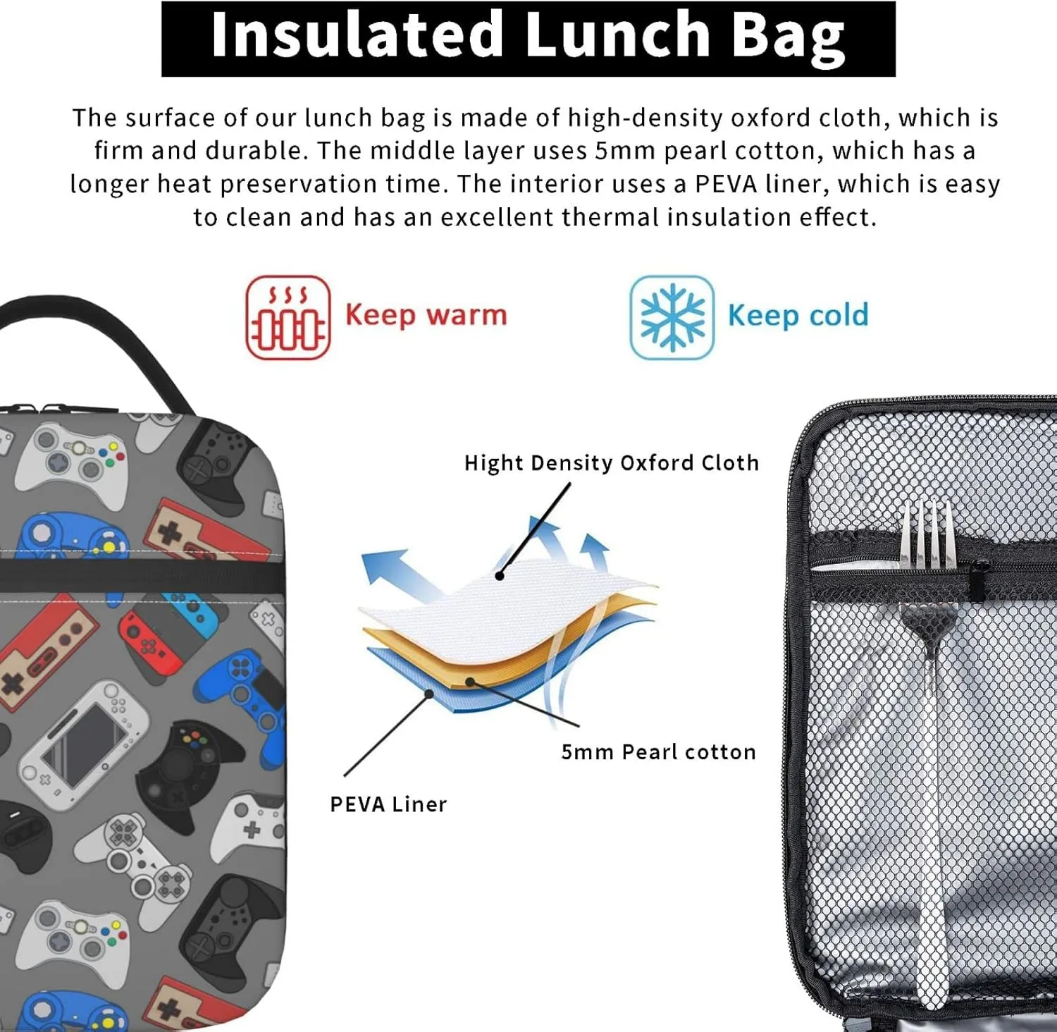 Video Game Controller Grey Background Lunch Bag Insulated Portable Reusable Lunch Box With Zipper For Women Men Picnic Beach