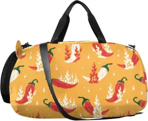 VIGTRO Red Chili Pepper with Fire Flames Boys Girls Sports Travel Duffel Bags with Shoes Compartment, Weekender Overnight Gym Bag for Swimming, Dancing, Outing