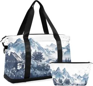 Village and Mountains Sports Gym Bag with Waterproof Dry Wet Pocket, Travel Duffel Bag for Women Men，Workout Bag Fits Yoga, Swimming